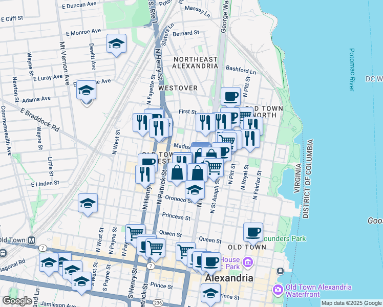 map of restaurants, bars, coffee shops, grocery stores, and more near 732 North Columbus Street in Alexandria