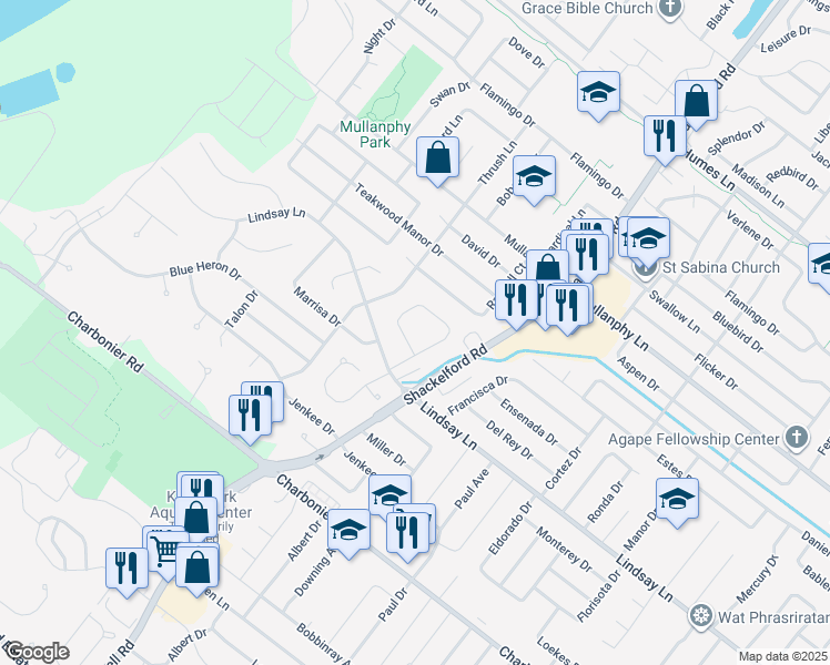 map of restaurants, bars, coffee shops, grocery stores, and more near 1943 Mantilla Lane in Florissant