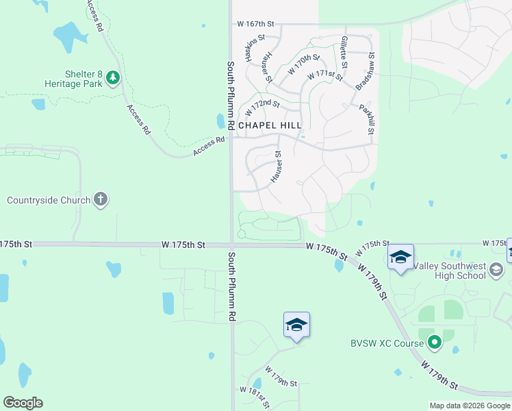 map of restaurants, bars, coffee shops, grocery stores, and more near 17379-17499 South Pflumm Road in Overland Park