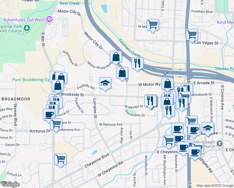 map of restaurants, bars, coffee shops, grocery stores, and more near 210 West Brookside Street in Colorado Springs