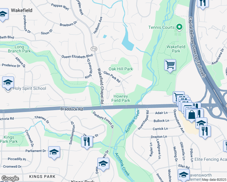 map of restaurants, bars, coffee shops, grocery stores, and more near 8355 Stahlway Lane in Annandale