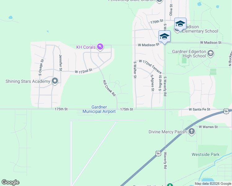 map of restaurants, bars, coffee shops, grocery stores, and more near 31672 West 174th Street in Gardner