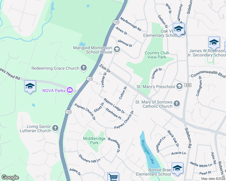 map of restaurants, bars, coffee shops, grocery stores, and more near 5308 New Church Court in Fairfax