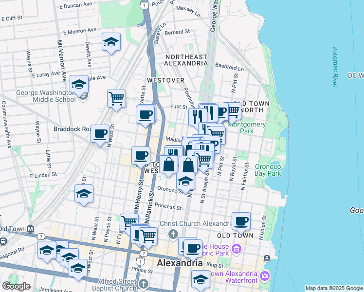 map of restaurants, bars, coffee shops, grocery stores, and more near 732 North Columbus Street in Alexandria