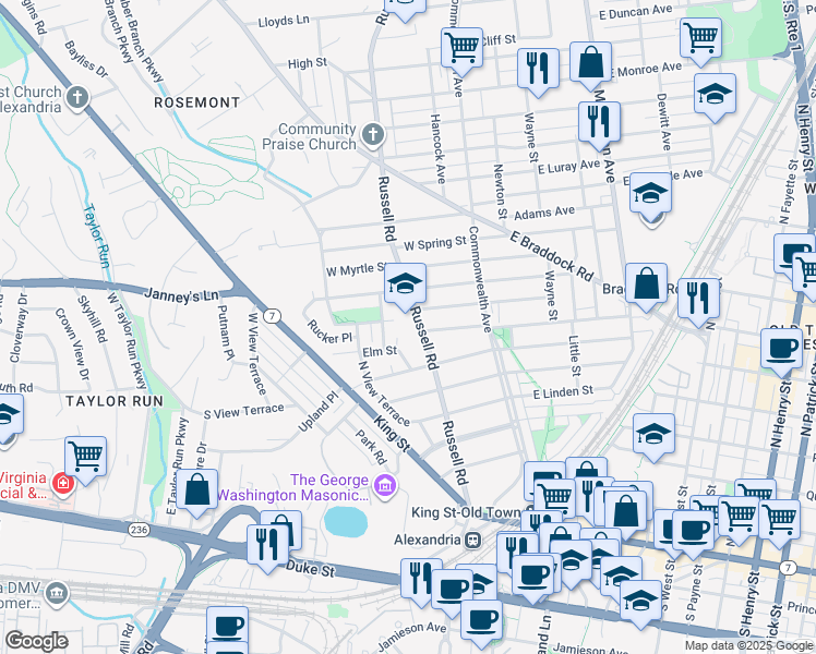 map of restaurants, bars, coffee shops, grocery stores, and more near 600 Russell Road in Alexandria