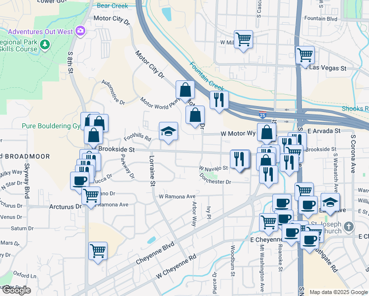 map of restaurants, bars, coffee shops, grocery stores, and more near 212 West Brookside Street in Colorado Springs