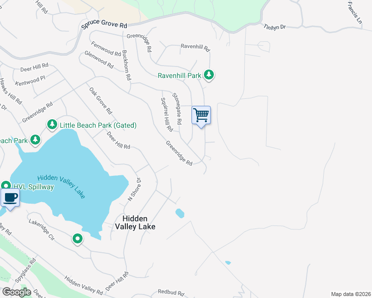 map of restaurants, bars, coffee shops, grocery stores, and more near 19383 Stonegate Road in Hidden Valley Lake