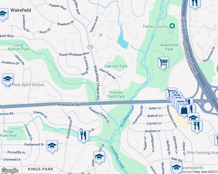 map of restaurants, bars, coffee shops, grocery stores, and more near 8355 Stahlway Lane in Annandale