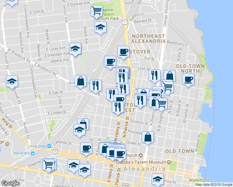 map of restaurants, bars, coffee shops, grocery stores, and more near 707 North Fayette Street in Alexandria