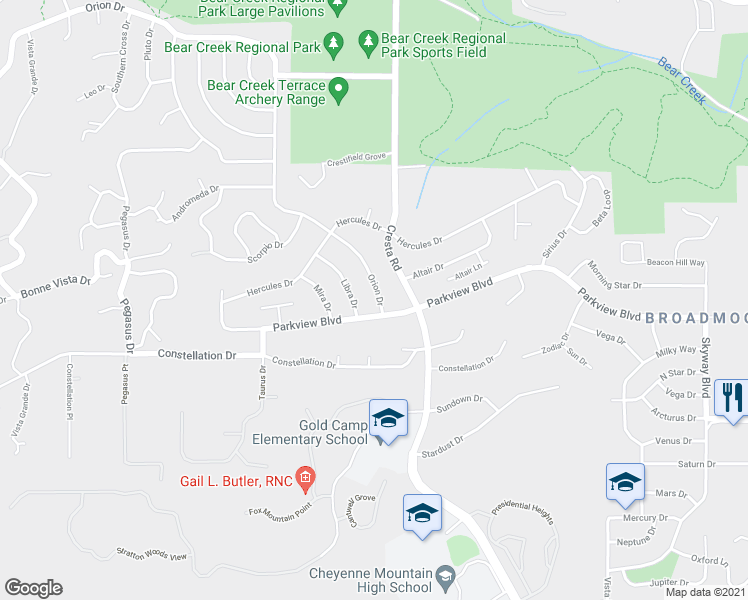 map of restaurants, bars, coffee shops, grocery stores, and more near 2206 Parkview Boulevard in Colorado Springs