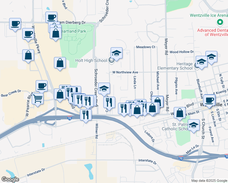 map of restaurants, bars, coffee shops, grocery stores, and more near 201 Saint Charles Street in Wentzville