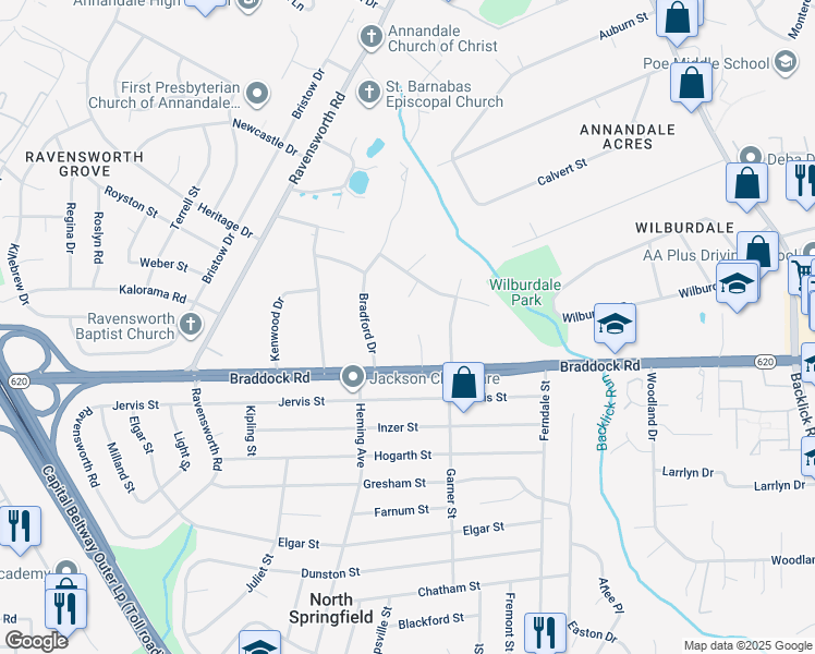 map of restaurants, bars, coffee shops, grocery stores, and more near 5150 Piedmont Place in Annandale