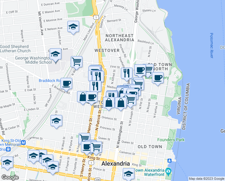 map of restaurants, bars, coffee shops, grocery stores, and more near 731 North Alfred Street in Alexandria