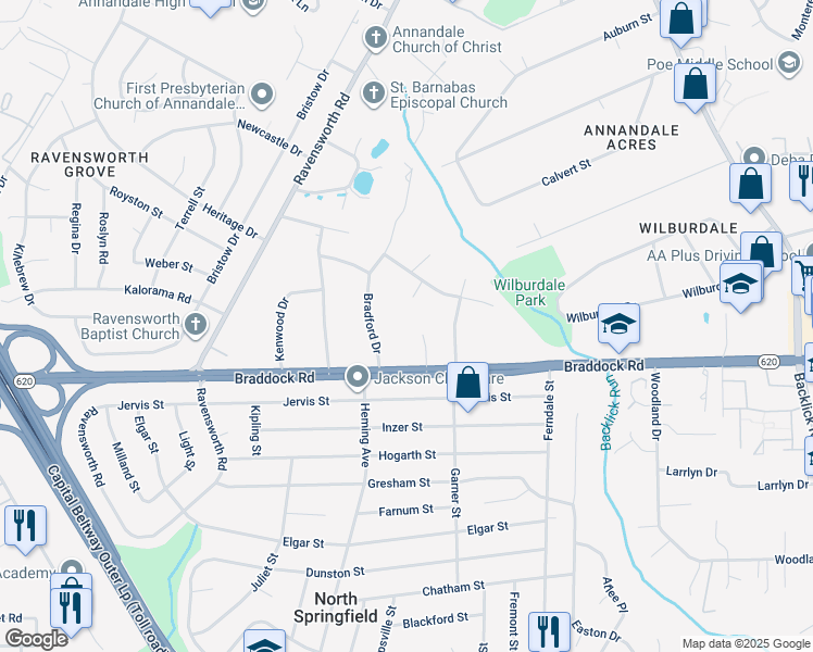 map of restaurants, bars, coffee shops, grocery stores, and more near 5150 Piedmont Place in Annandale