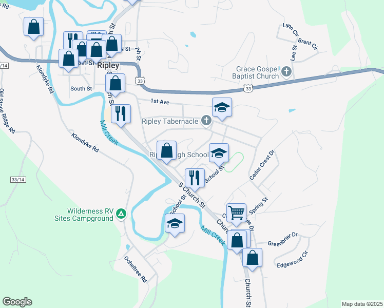 map of restaurants, bars, coffee shops, grocery stores, and more near 229 Walters St in Ripley