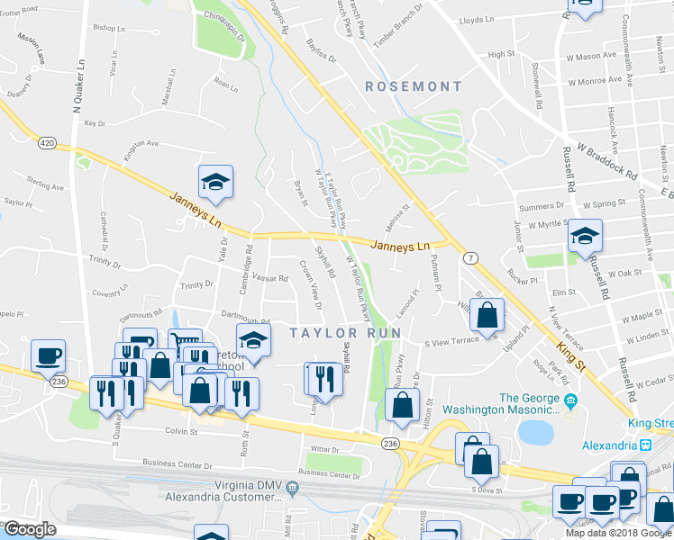 map of restaurants, bars, coffee shops, grocery stores, and more near 403 Skyhill Road in Alexandria