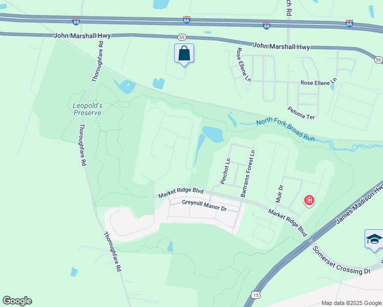 map of restaurants, bars, coffee shops, grocery stores, and more near 16082 Green Bay Street in Haymarket