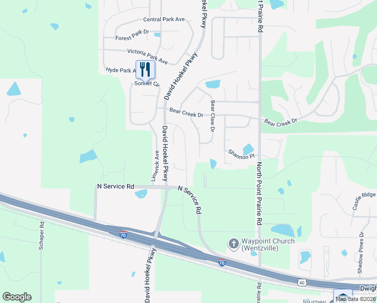 map of restaurants, bars, coffee shops, grocery stores, and more near 126 Brookfield Boulevard in Wentzville