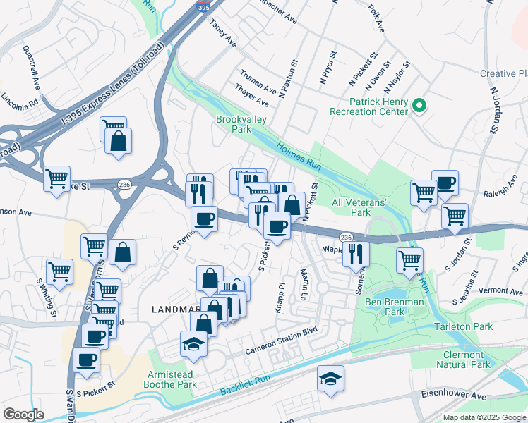 map of restaurants, bars, coffee shops, grocery stores, and more near 1 Canterbury Square in Alexandria