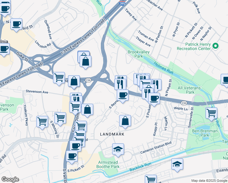 map of restaurants, bars, coffee shops, grocery stores, and more near 8 South Van Dorn Street in Alexandria
