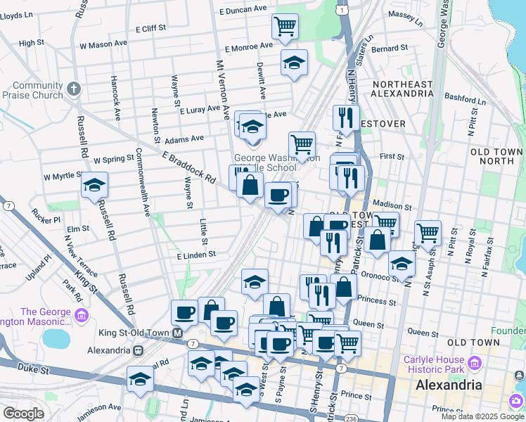 map of restaurants, bars, coffee shops, grocery stores, and more near 505 East Braddock Road in Alexandria