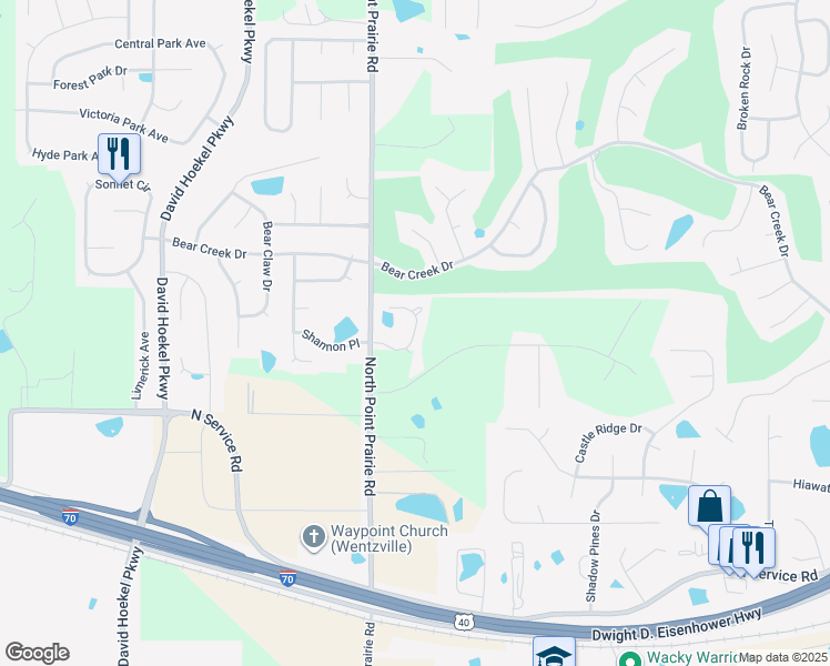 map of restaurants, bars, coffee shops, grocery stores, and more near 1919 Bonnie Brook Lane in Wentzville