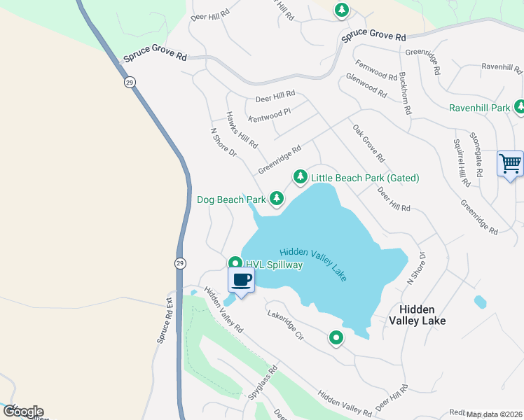 map of restaurants, bars, coffee shops, grocery stores, and more near 18387 North Shore Drive in Hidden Valley Lake