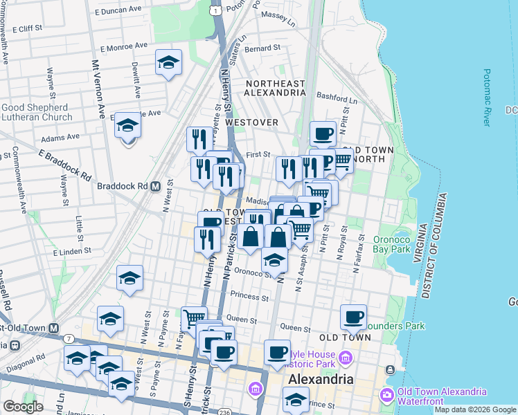 map of restaurants, bars, coffee shops, grocery stores, and more near 733 North Alfred Street in Alexandria