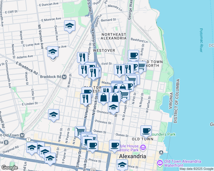 map of restaurants, bars, coffee shops, grocery stores, and more near 733 North Alfred Street in Alexandria