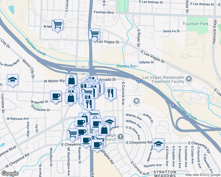 map of restaurants, bars, coffee shops, grocery stores, and more near 319 East Brookside Street in Colorado Springs
