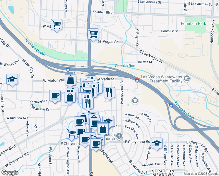 map of restaurants, bars, coffee shops, grocery stores, and more near 316 East Brookside Street in Colorado Springs