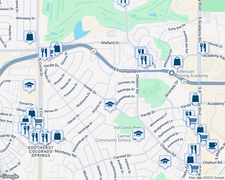 map of restaurants, bars, coffee shops, grocery stores, and more near 1323 Shasta Drive in Colorado Springs