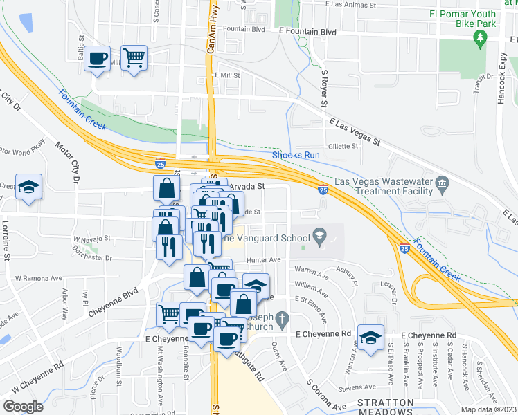 map of restaurants, bars, coffee shops, grocery stores, and more near 319 East Brookside Street in Colorado Springs