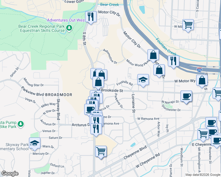 map of restaurants, bars, coffee shops, grocery stores, and more near 1502 Parkway Drive in Colorado Springs