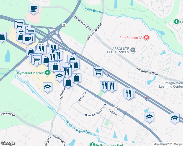 map of restaurants, bars, coffee shops, grocery stores, and more near 6693 Comanche Ct in Haymarket