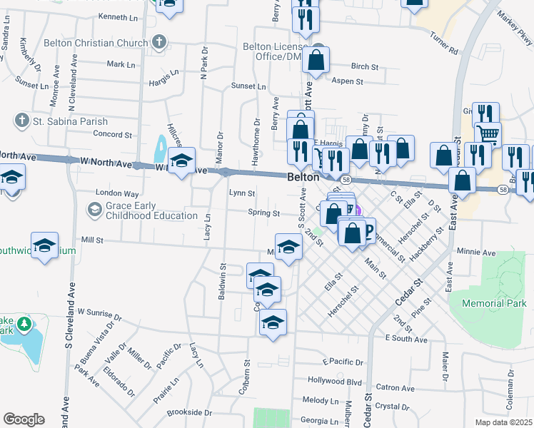map of restaurants, bars, coffee shops, grocery stores, and more near 115 Spring Court in Belton