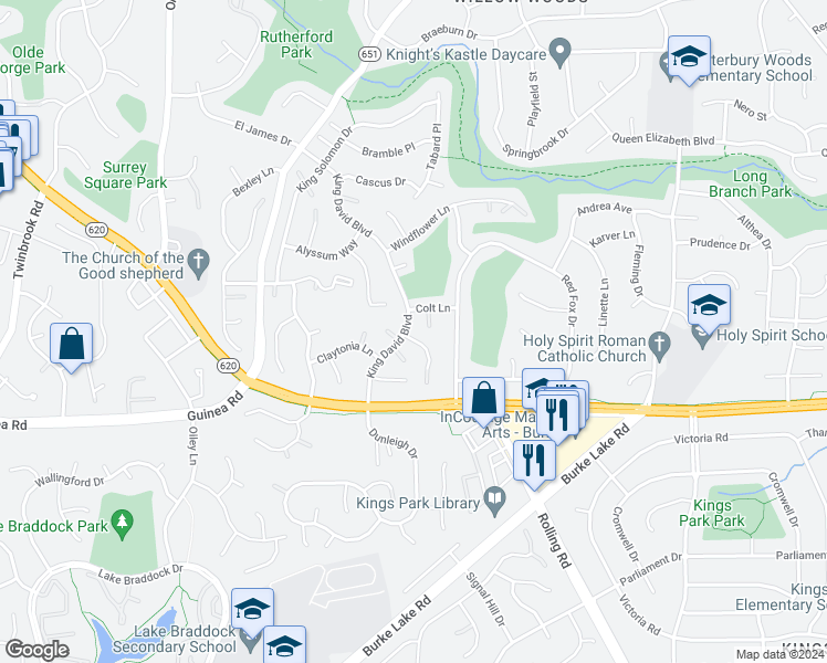map of restaurants, bars, coffee shops, grocery stores, and more near 9120 Meadow Rue Lane in Annandale