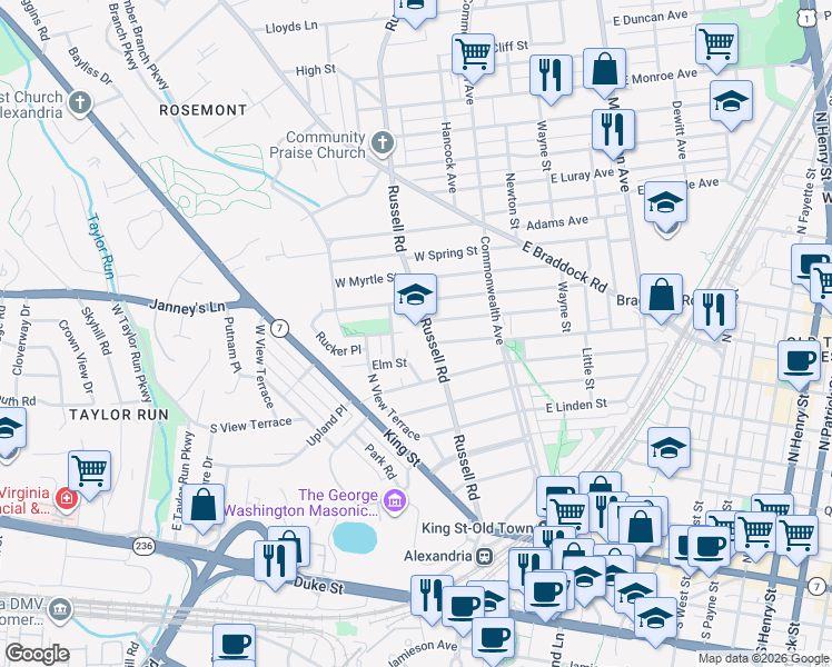 map of restaurants, bars, coffee shops, grocery stores, and more near 600 Russell Road in Alexandria