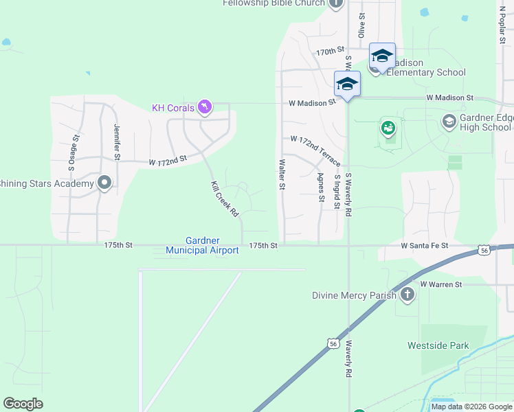 map of restaurants, bars, coffee shops, grocery stores, and more near 31637 West 174th Street in Gardner