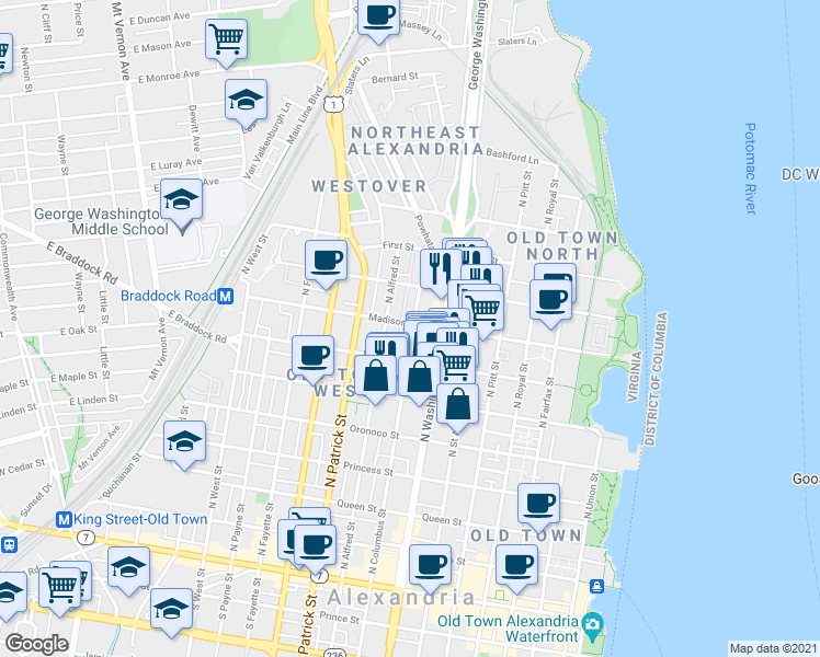 map of restaurants, bars, coffee shops, grocery stores, and more near 802 Madison Street in Alexandria