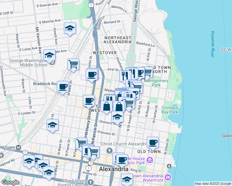 map of restaurants, bars, coffee shops, grocery stores, and more near 802 Madison Street in Alexandria