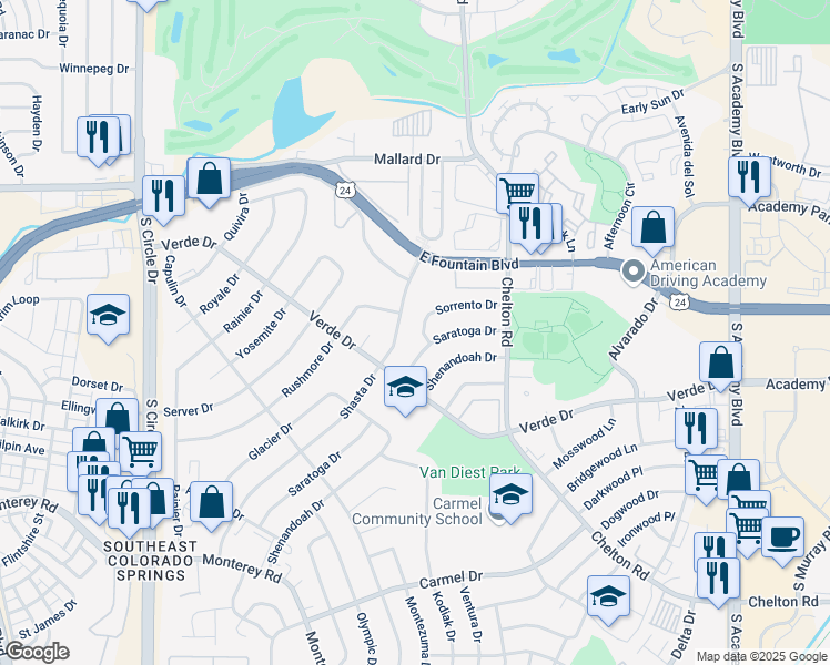 map of restaurants, bars, coffee shops, grocery stores, and more near 1323 Shasta Drive in Colorado Springs