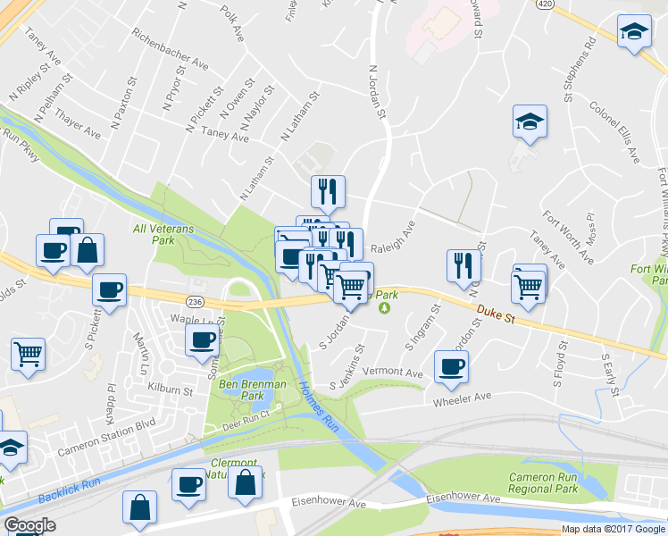map of restaurants, bars, coffee shops, grocery stores, and more near 4529 Duke Street in Alexandria