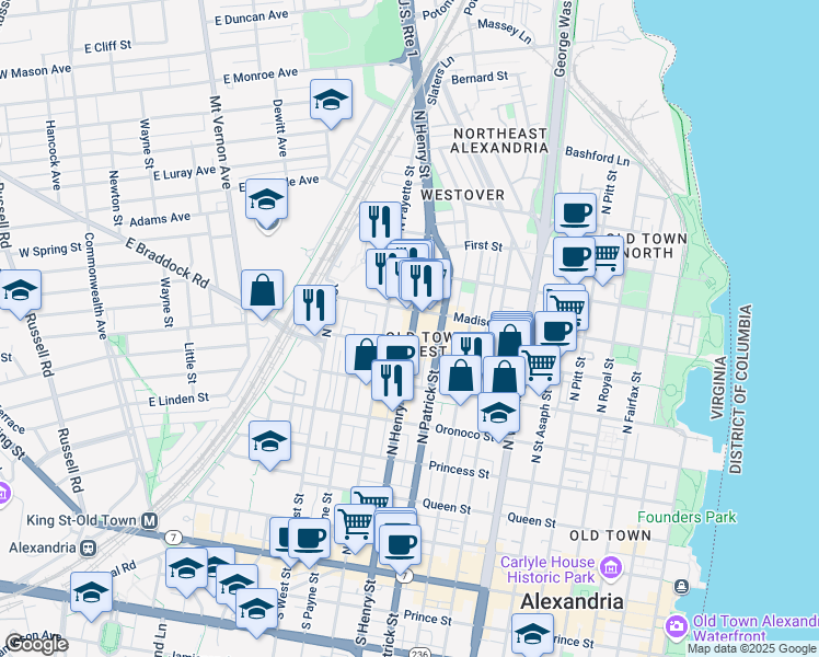map of restaurants, bars, coffee shops, grocery stores, and more near 714 North Henry Street in Alexandria