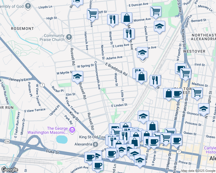 map of restaurants, bars, coffee shops, grocery stores, and more near 14 West Oak Street in Alexandria