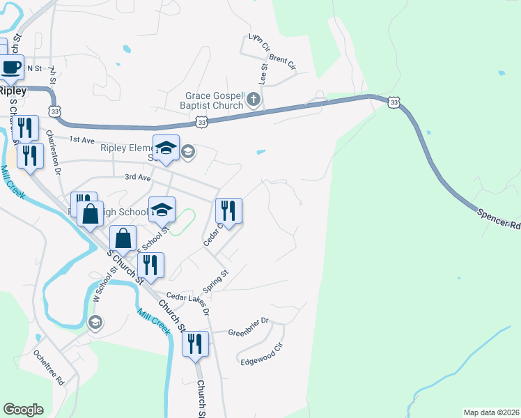map of restaurants, bars, coffee shops, grocery stores, and more near in Ripley