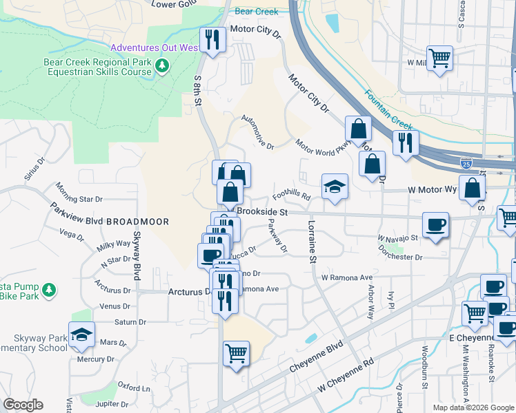map of restaurants, bars, coffee shops, grocery stores, and more near 1502 Parkway Drive in Colorado Springs