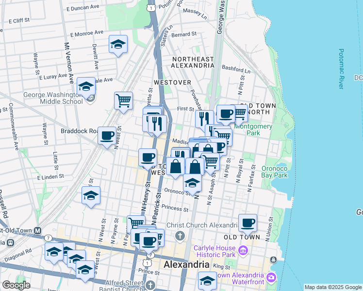 map of restaurants, bars, coffee shops, grocery stores, and more near 735 North Alfred Street in Alexandria