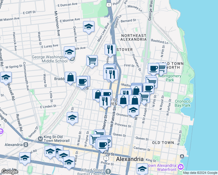 map of restaurants, bars, coffee shops, grocery stores, and more near 714 North Henry Street in Alexandria