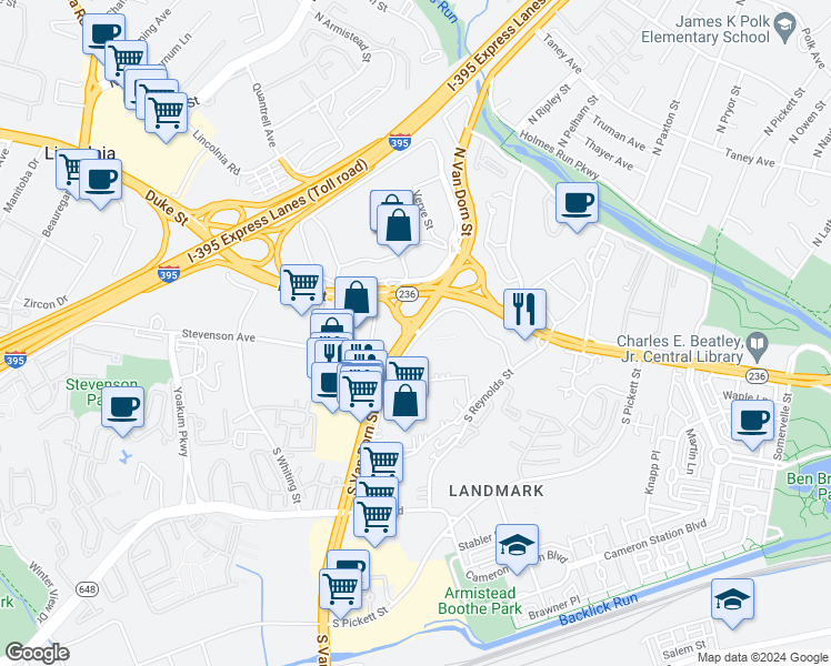 map of restaurants, bars, coffee shops, grocery stores, and more near 16 South Van Dorn Street in Alexandria
